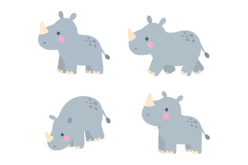 Cute Rhinoceros Character Vector Element Set, Cartoon Baby Rhino Clipart Collection, Flat Safari Wild Animal Sticker Elements for Kids Nursery © Hellotatary