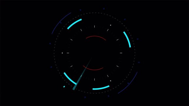 Circular HUD interface with scanning data elements on grainy background, futuristic cyber display 4k video