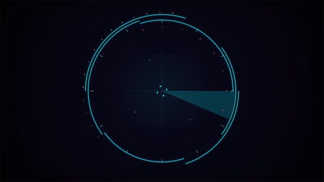 Circular HUD interface with radar scanning motion on dark grainy background, futuristic technology display 4k video