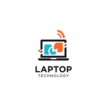 Modern laptop logo with wireless signal and technology text.