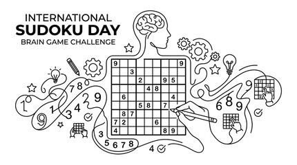 Obraz premium Hand drawn illustration of a Sudoku puzzle challenge with brain and icons.