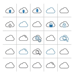 Obraz premium Set of cloud computing icons with upload download and security symbols on white background
