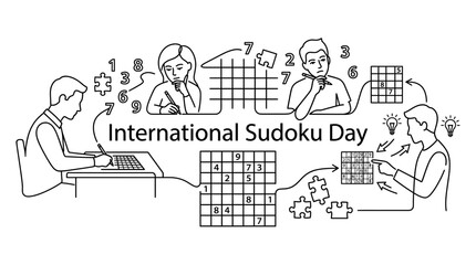 Fototapeta premium Line art illustration celebrating International Sudoku Day with people solving puzzles.