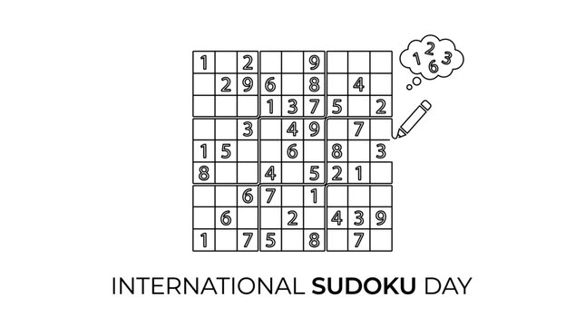 Hand drawn illustration of a Sudoku puzzle grid for International Sudoku Day.