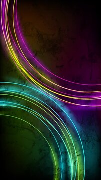 Colorful neon glowing shiny linear circles abstract grunge wall background. Futuristic modern vertical motion design. Seamless loop. Video animation Ultra HD 4K 2160x3840