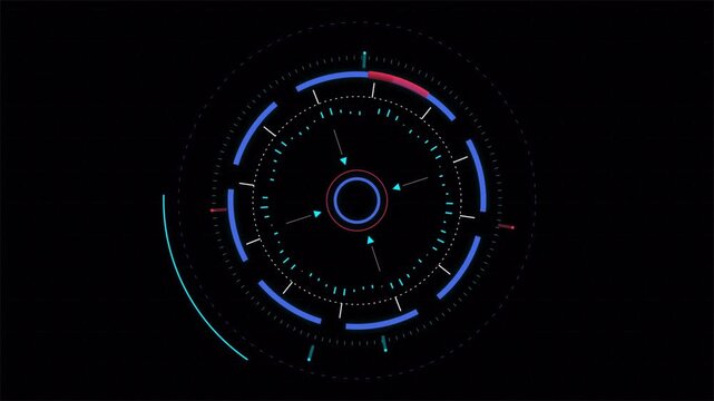 Futuristic circular HUD interface with grain texture on dark background, cyber technology animation 4k video