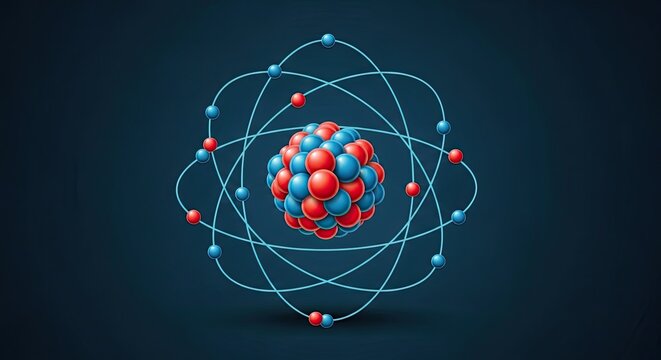 3D atom model with nucleus and orbiting colorful electrons.
