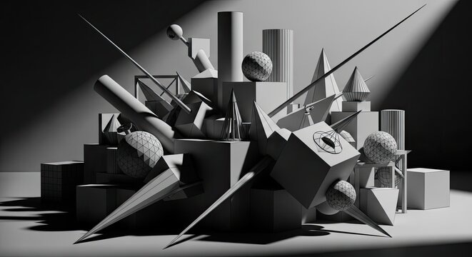 Abstract grayscale 3D geometric shapes with sharp shadows