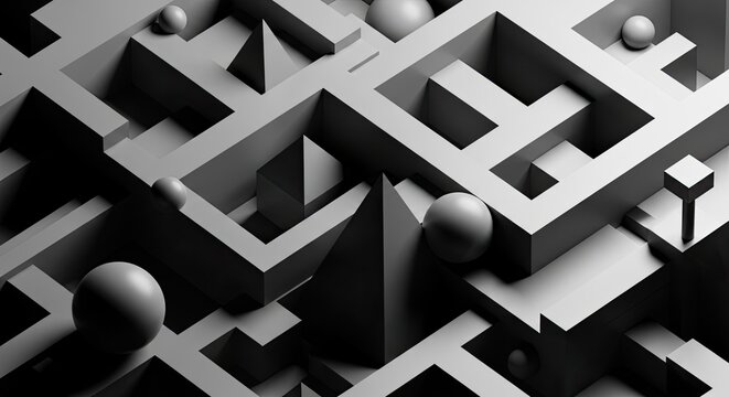 Abstract monochrome 3D architectural maze and sphere composition
