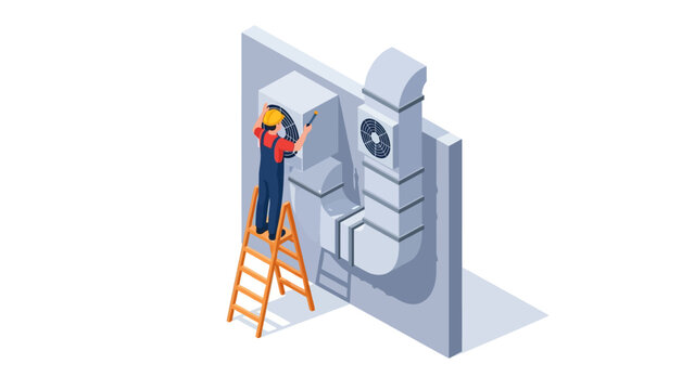 Isometric HVAC Technician Repairing Air Conditioning and Ventilation System on Ladder