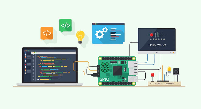 Raspberry Pi development setup with coding and electronics.