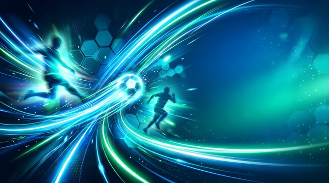 Futuristic Soccer Banner Background with Dynamic Light Trails and Glowing Football