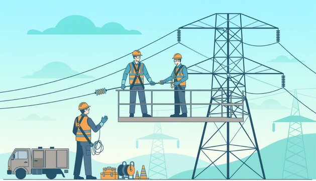 Electric Utility Workers Performing Maintenance on High Voltage Transmission Lines