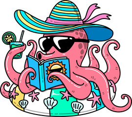 Summer Octopus Character Reading a Book on Vacation Cartoon