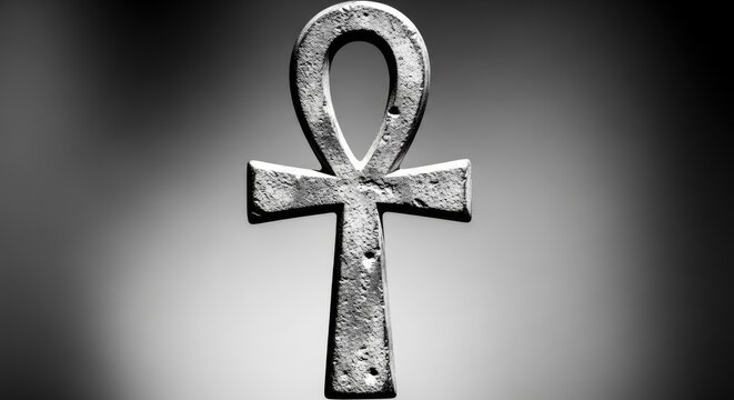 Ancient stone Egyptian ankh symbol with weathered texture.