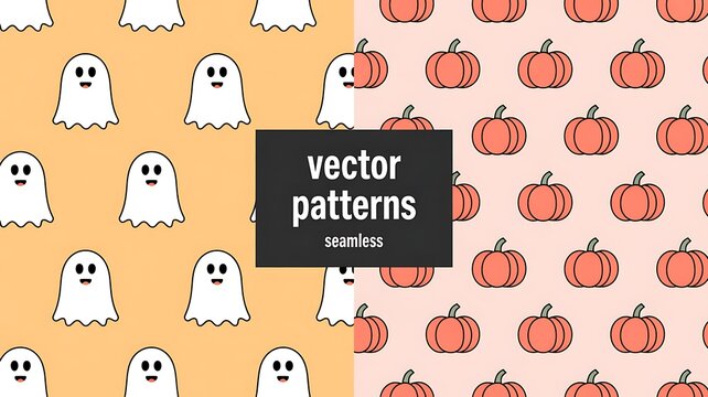 Halloween patterns, ghost and pumpkin seamless tiles, orange pink background, vector icons