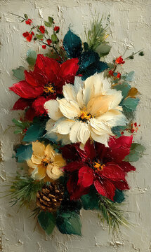 Textured impasto oil painting of red and white poinsettias with pine cones and winter greenery
