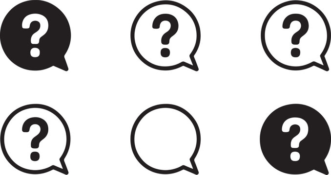 Four question mark symbols arranged in a square pattern with white question marks on black circles on white background