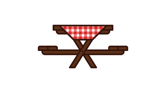 A simple flat vector illustration of a wooden picnic table with a red checkered tablecloth.