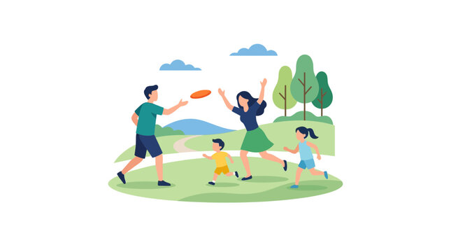 A happy family playing with a frisbee in a park.