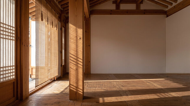 Generative AI Minimalist Korean hanok interior with copy space
