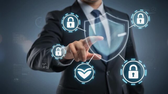 Business professional engaging with digital security technology in dynamic video presentation