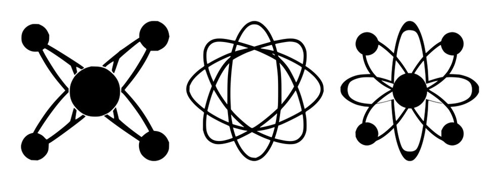 Solid black icon, white background: quantum computing qubit atom set with simple line art design featuring line art, illustrations, graphic resources with vector and design elements