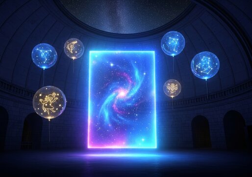 A massive holographic rectangle glows within a stone observatory as shimmering constellation balloons drift through the starry atmosphere, balloons, exploration, shining