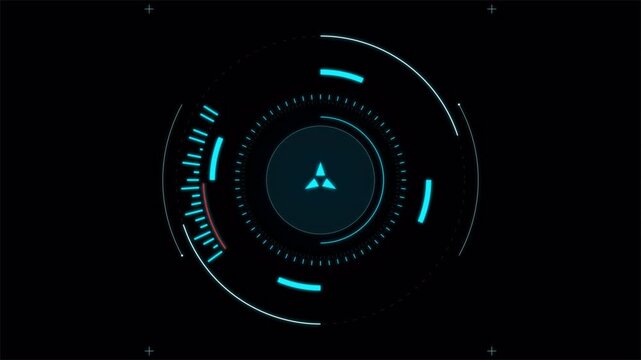 HUD circle interface with blue digital data elements on dark grainy background, futuristic cyber technology display 4k video