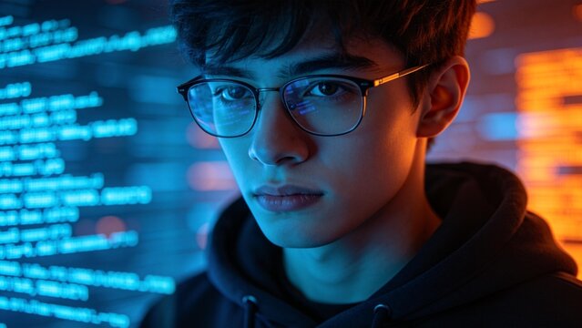 Young man in hoodie with glowing code background