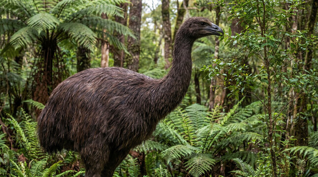Giant Moa Browsing Native Forest Vegetation in Prehistoric New Zealand