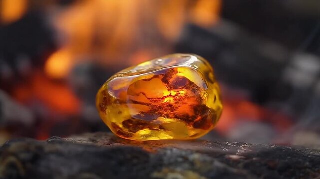 Macro static shot focusing on a piece of polished amber with a warm inner glow against a blurred fire background