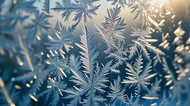 Macro view of frost crystals spreading across transparent glass, elegant winter texture animation for holiday season background