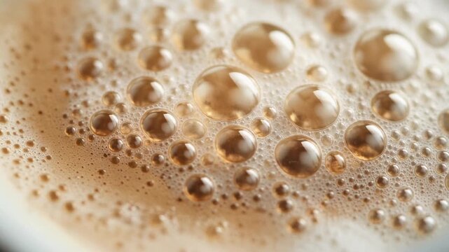 Macro Slow Motion Shot of Creamy Microfoam Bubbles on Cafe Latte Surface, Cinematic Food and Drink Texture, Full HD Video Background