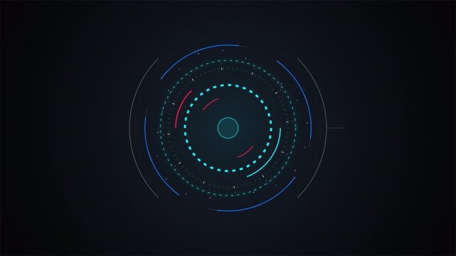 Futuristic circle HUD interface with rotating technological elements on a dark grainy background, cyber ui display 4k video