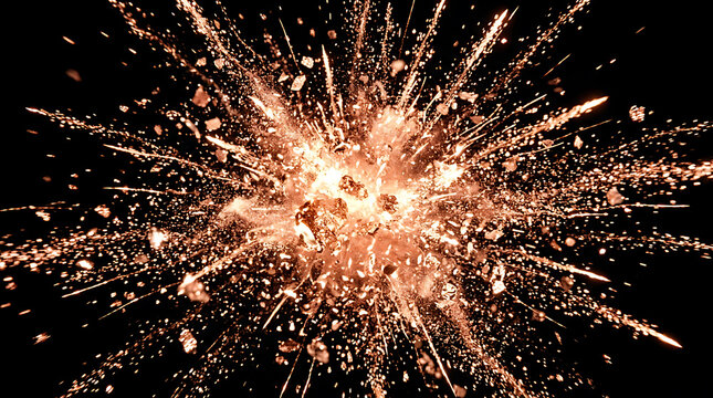 Shimmering copper spark burst against black background with explosion particles metallic abstract celebration background movement sparking decorative artistic backdrop