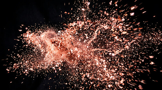 Rose gold metallic glitter explosion on black background with explosion particle abstract metallic glamorous celebration background glittering decorative
