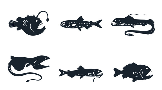 Flat vector icon set of 6 deep sea fish: anglerfish, lanternfish, viperfish, gulper eel, dragonfish, and fangtooth 