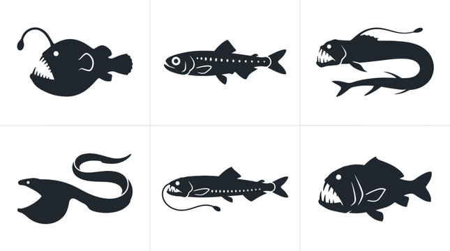 Flat vector icon set of 6 deep sea fish: anglerfish, lanternfish, viperfish, gulper eel, dragonfish, and fangtooth 
