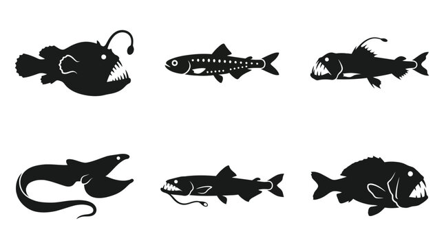 Flat vector icon set of 6 deep sea fish: anglerfish, lanternfish, viperfish, gulper eel, dragonfish, and fangtooth 