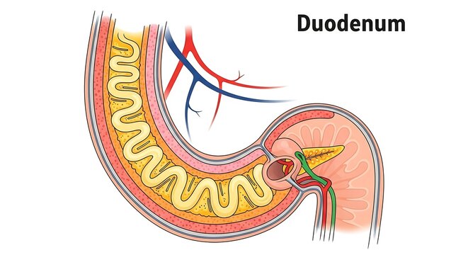 Anatomical illustration of human duodenum and pancreas.