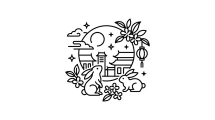 Line art illustration featuring two rabbits with traditional Chinese architecture and a full moon. © Abid_Dilnawas