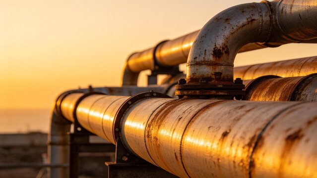 Rusted industrial pipes at sunset