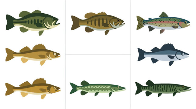 Flat vector icon set of 6 popular fishing tournament fish: largemouth bass, smallmouth bass, trout, walleye, pike, and muskie