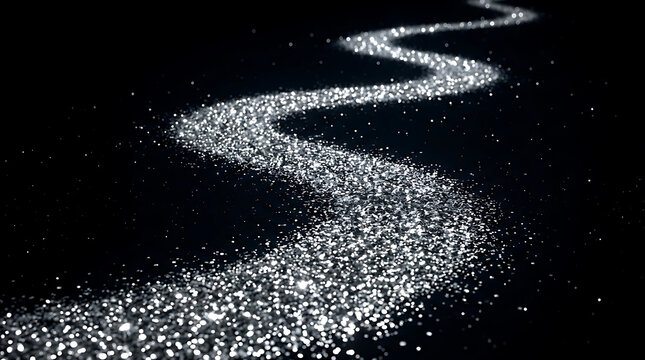 Abstract flowing stream of silver glitter particles on black background with particles abstract background metallic glamorous celebration creative glittering backgrounds