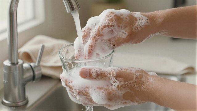 Hands washing glass under running water with soapy foam.