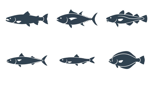 Flat vector icon set of 6 seafood fish: salmon, tuna, cod, mackerel, sardine, and halibut