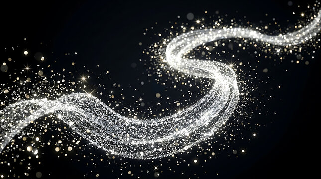 Elegant swerving trail of light and silver glitter particles with particles swerving abstract background metallic glamorous celebration artistic