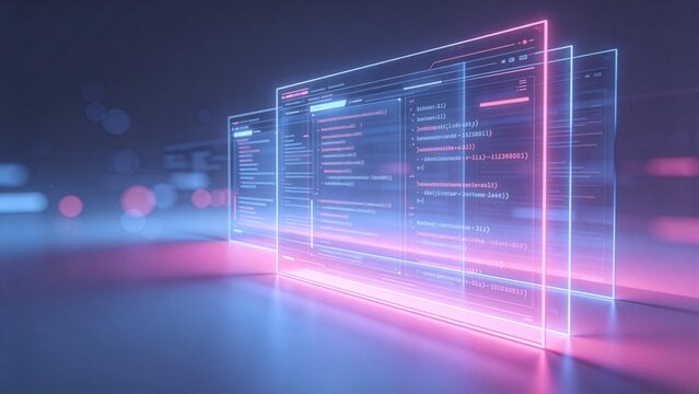 Futuristic digital interface with glowing code