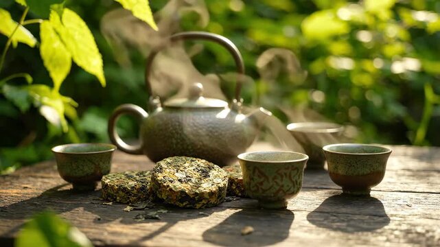 Serene tea setup with traditional teapot, cups, and compressed tea leaves amidst lush greenery, evoking tranquility and peaceful atmosphere in nature